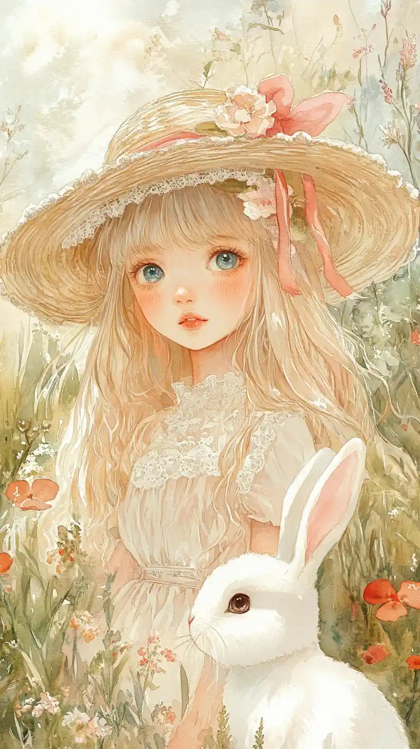 Watercolor portrait of a girl with rabbit in field