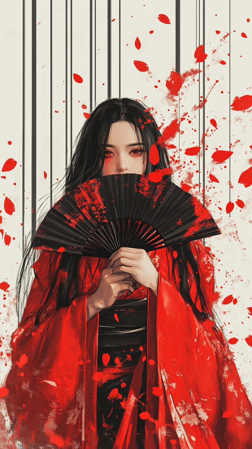Mujer con kimono rojo escondida tras un abanico oscuro