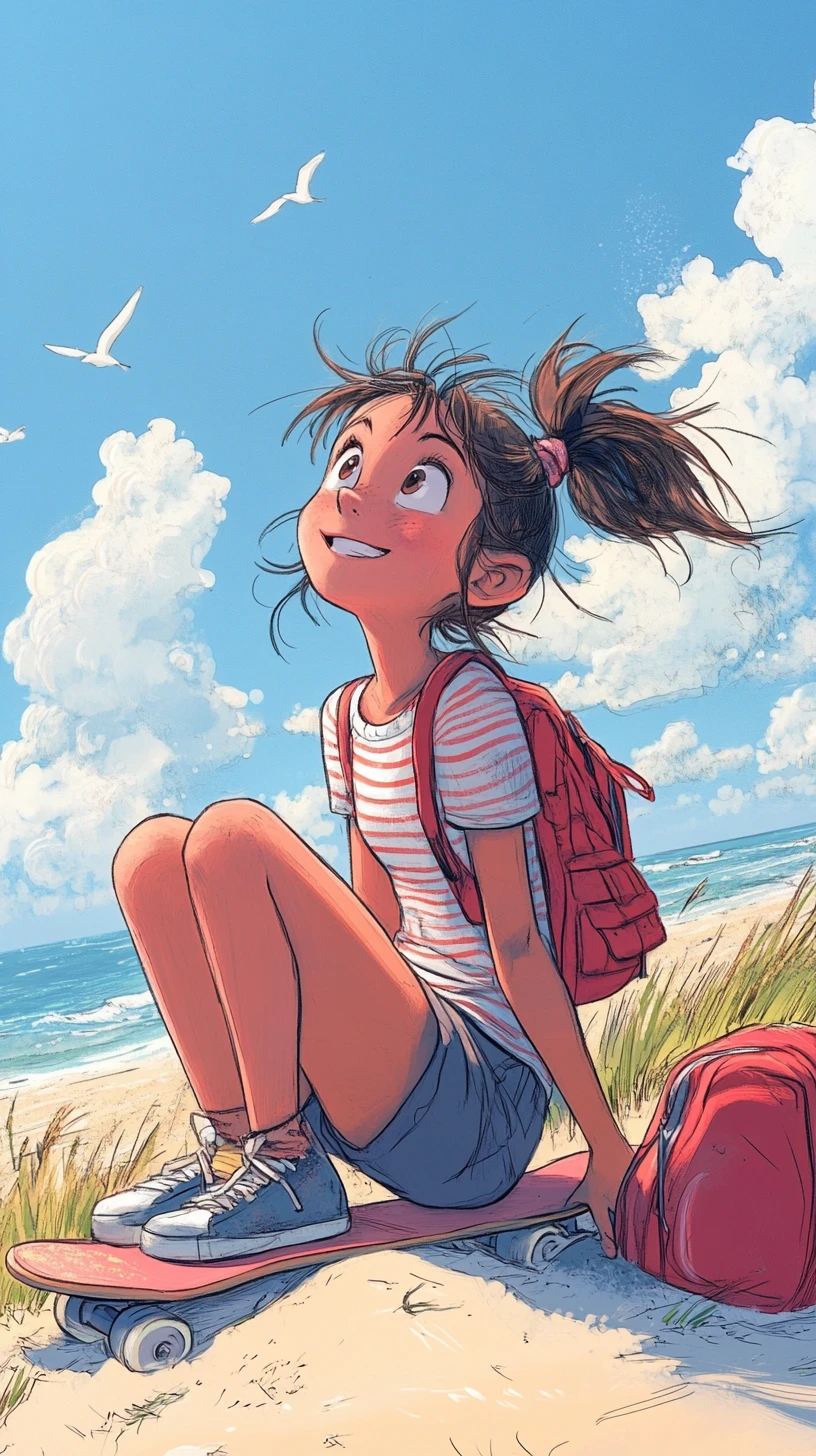 Cute girl on a skateboard resting on a sandy dune
