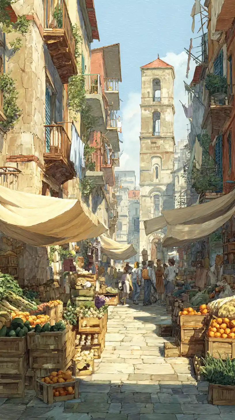 Vivace mercato di strada mediterraneo con edifici caldi illuminati dal sole