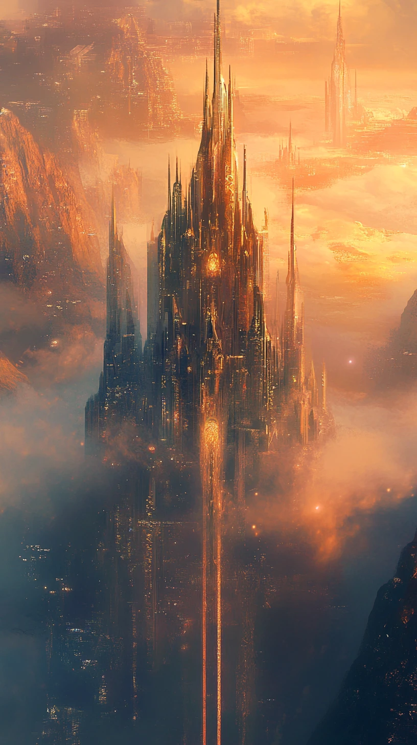 Etereo castello fantasy che si innalza in un cielo di tramonto luminoso