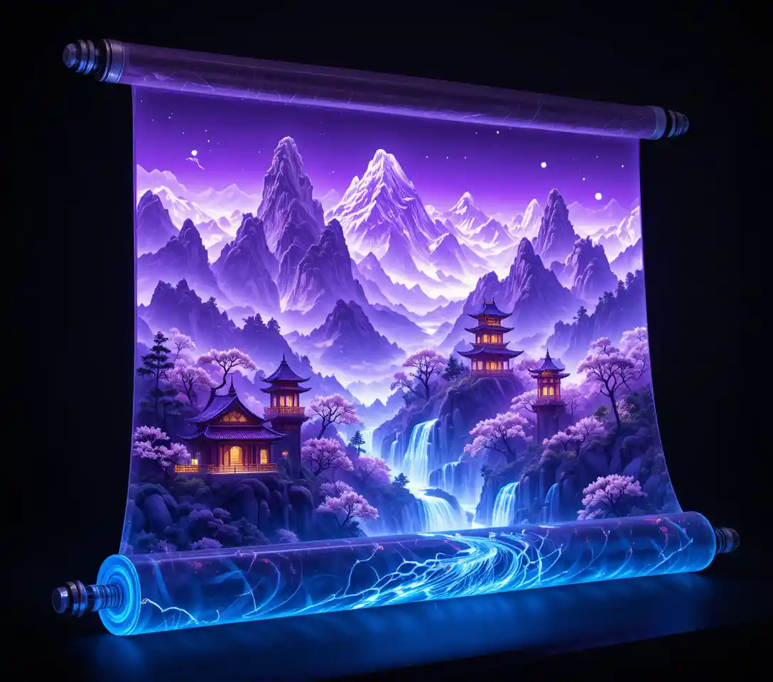 Neon scroll revealing towering Chinese mountains and pagodas