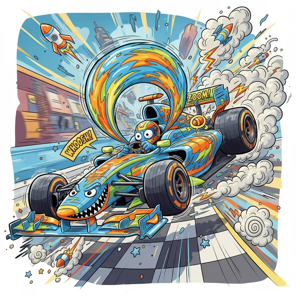 Cartoon race car with exaggerated speed and agility