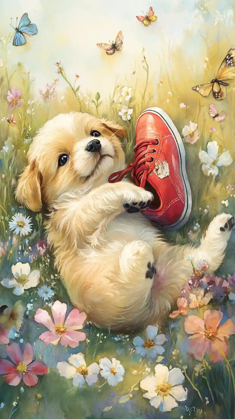 Cucciolo giocherellone con sneaker rossa in un prato fiorito al sole