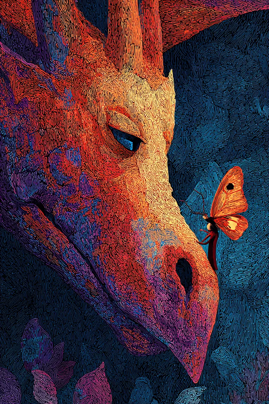 Tiny butterfly resting on a dragon nose in forest