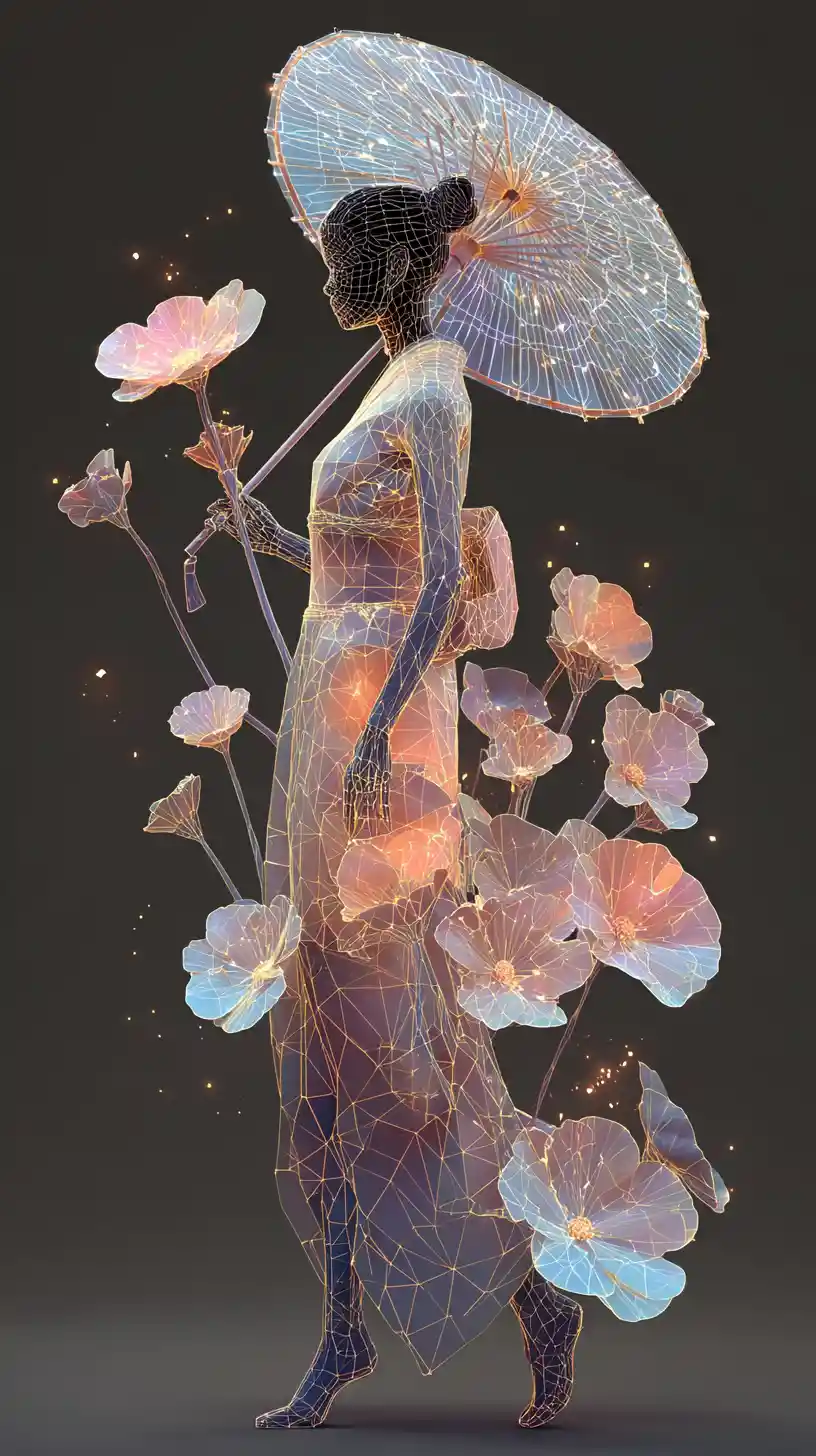 Ethereal woman in neon mesh kimono with floral parasol