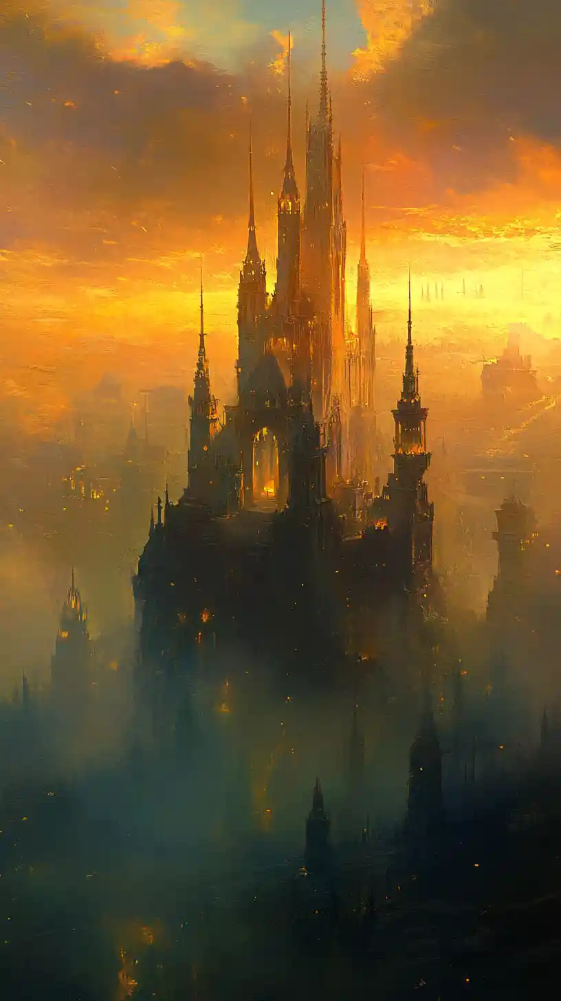 Ethereal fantasy castle rising through a golden misty sky