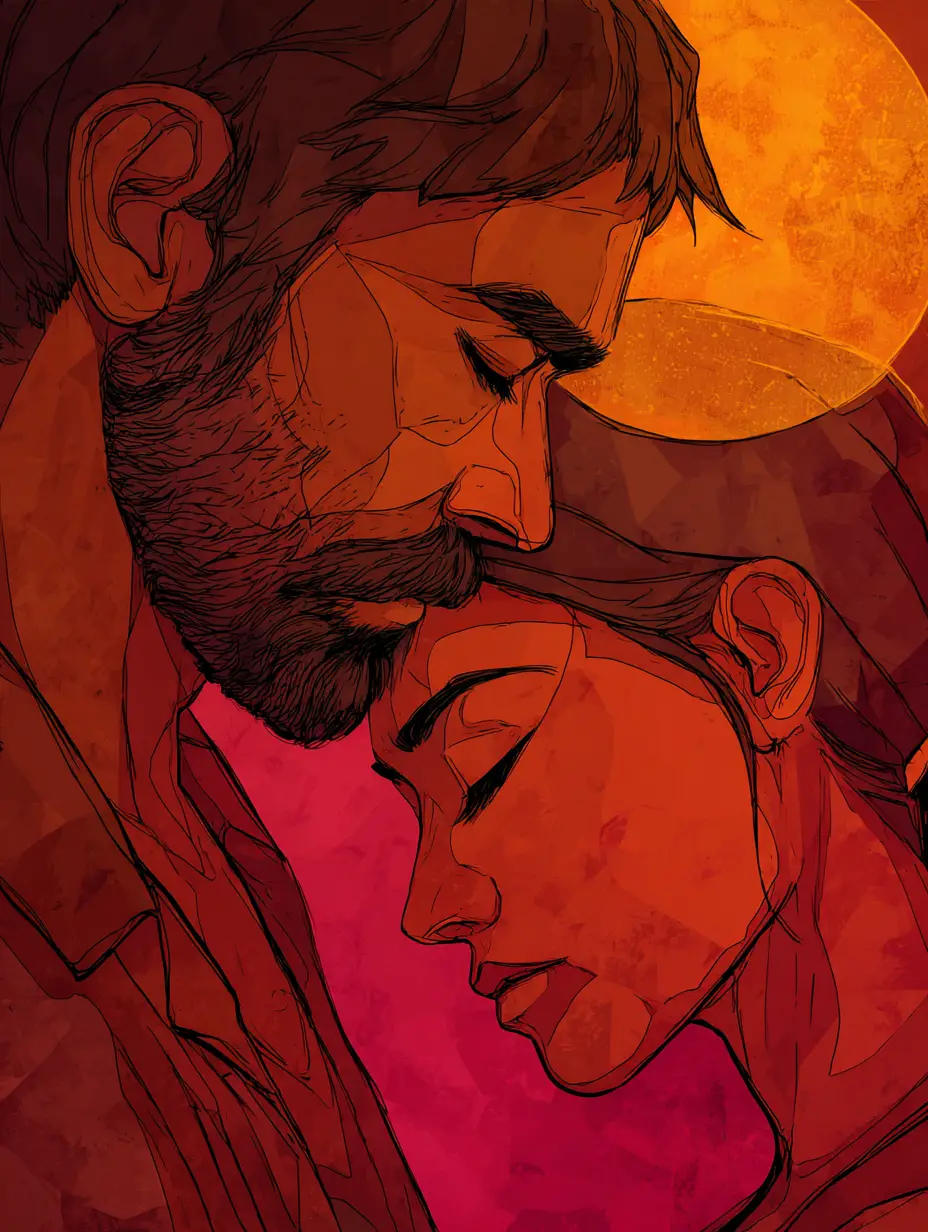 Romantic couple under a golden full moon in surreal colors