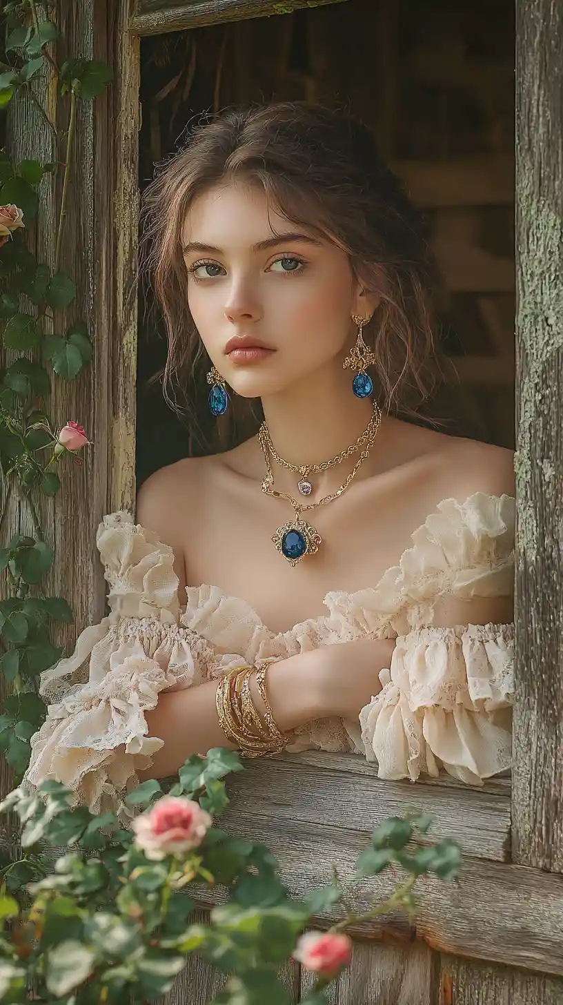 Young woman at ivy covered cottage window with roses