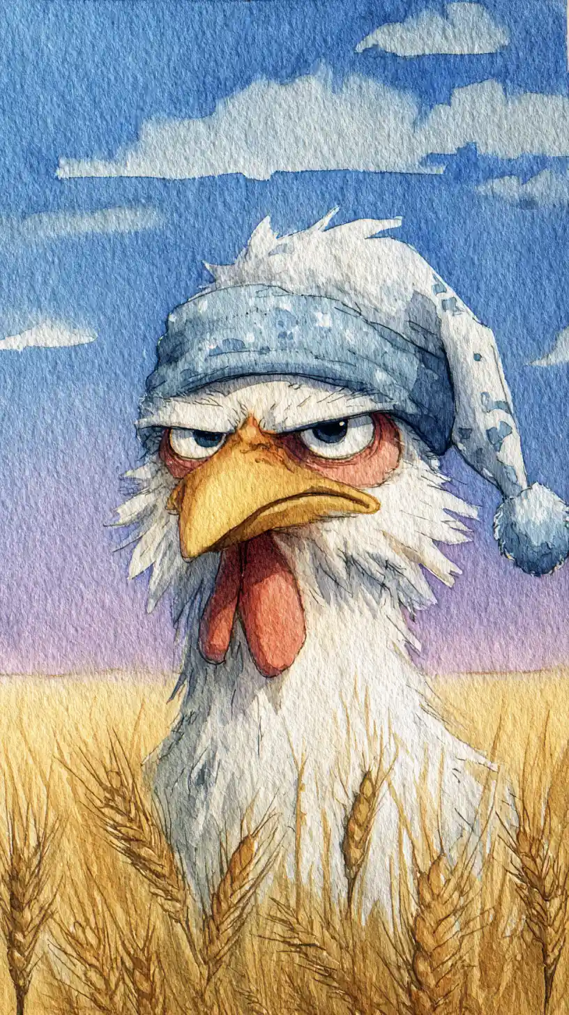 Sleepy Hen Yawning In A Sunny Watercolor Wheat Field