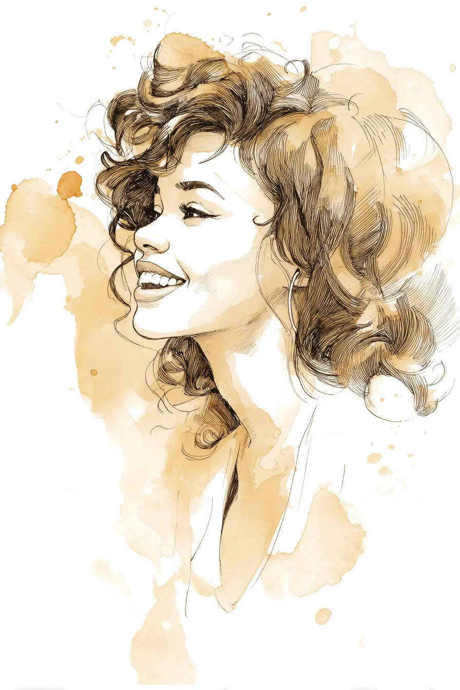 Ink portrait of a smiling young woman in profile