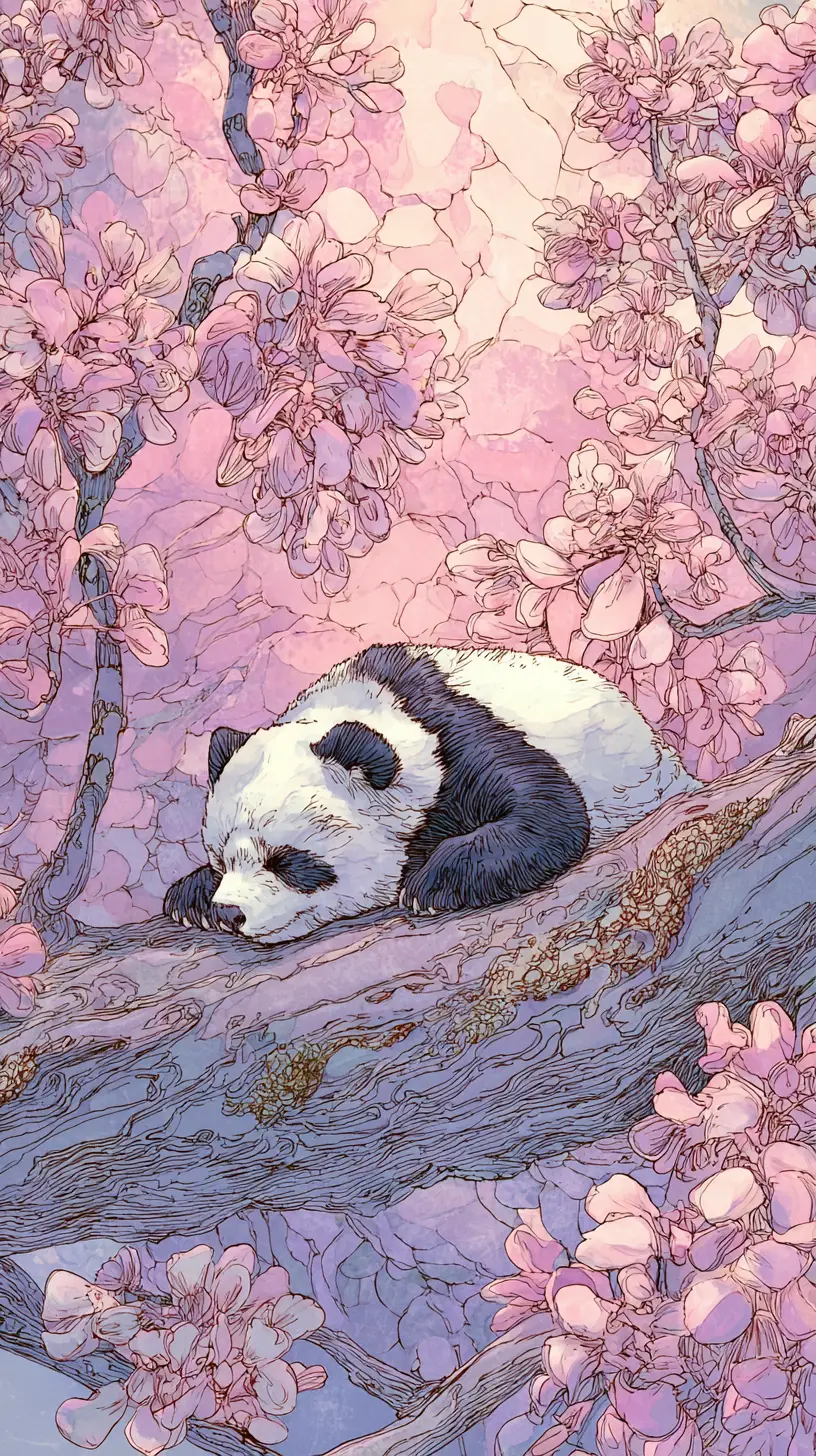 Sleeping panda under blooming wisteria in watercolor art