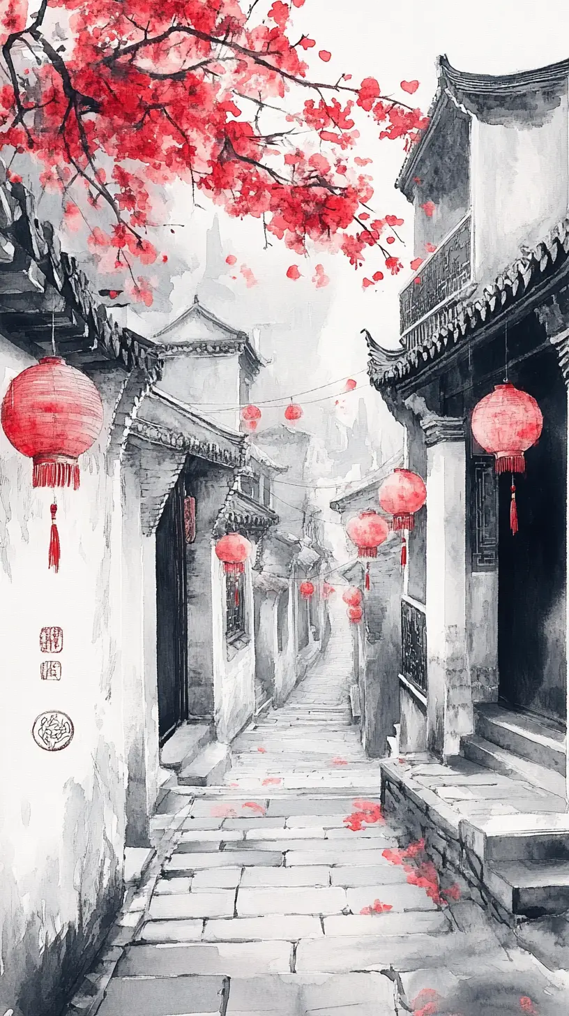 Ancient Chinese alley with red lanterns and ink wash walls