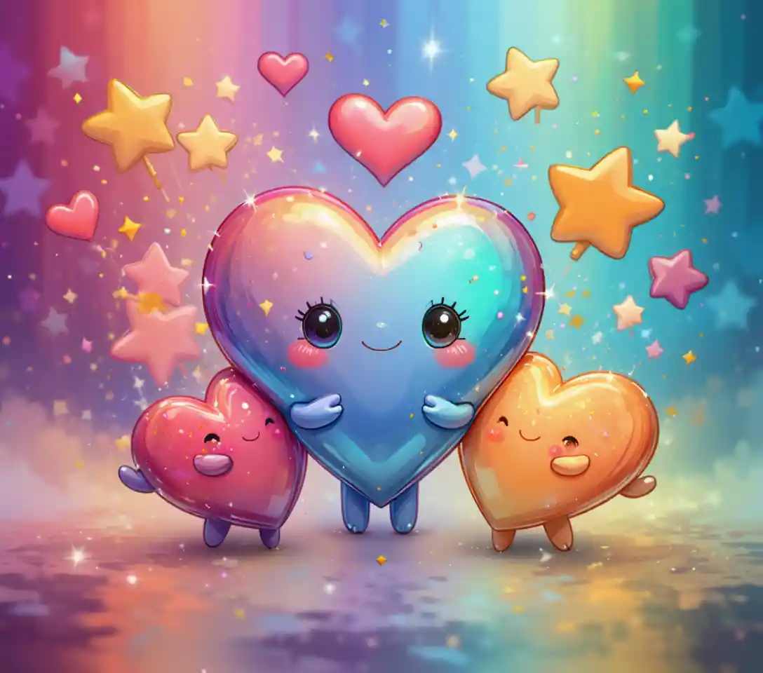 Kawaii Comic-Herzen und Sterne im bunten Regenbogenmuster