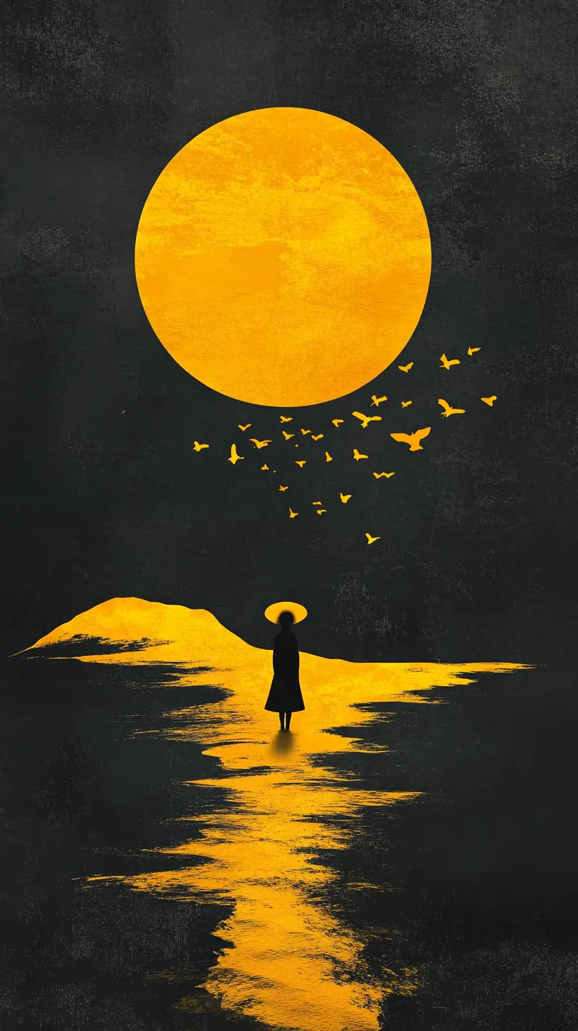 Lonely figure in surreal yellow and black landscape