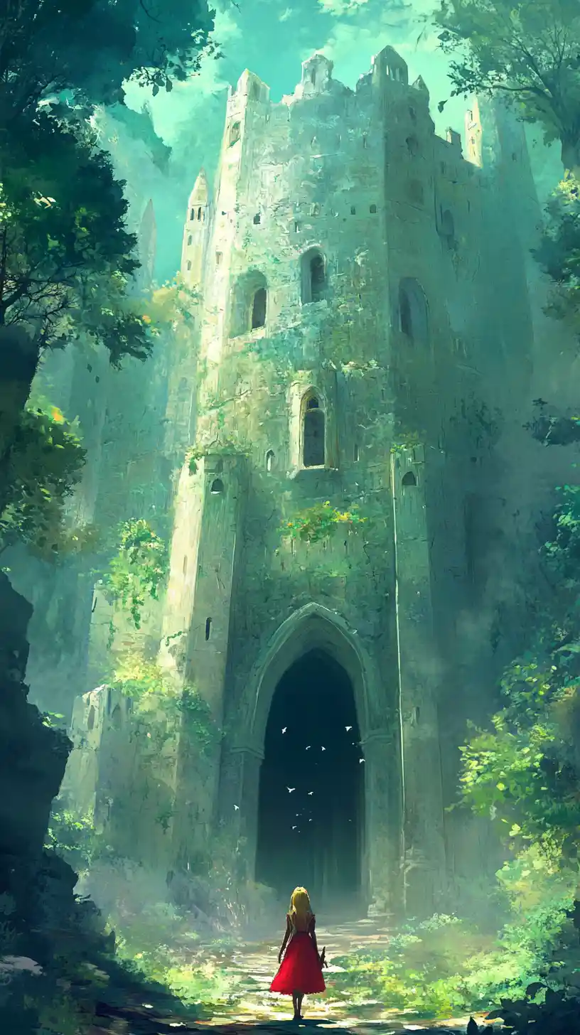 Enchanted castle forest with radiant arched doorways