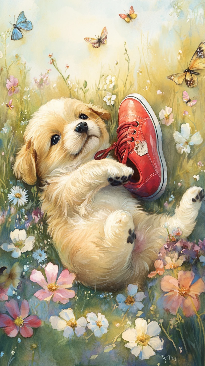 Playful puppy with red sneaker in a sunlit flower meadow