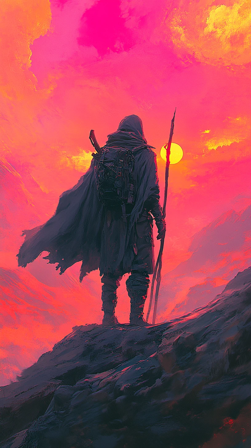 Voyageur solitaire en cape contemplant un ciel de coucher de soleil lumineux