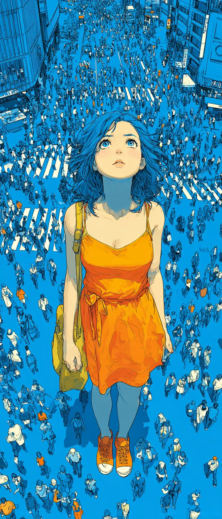 Anime girl at busy shibuya crossing in blue line crowd