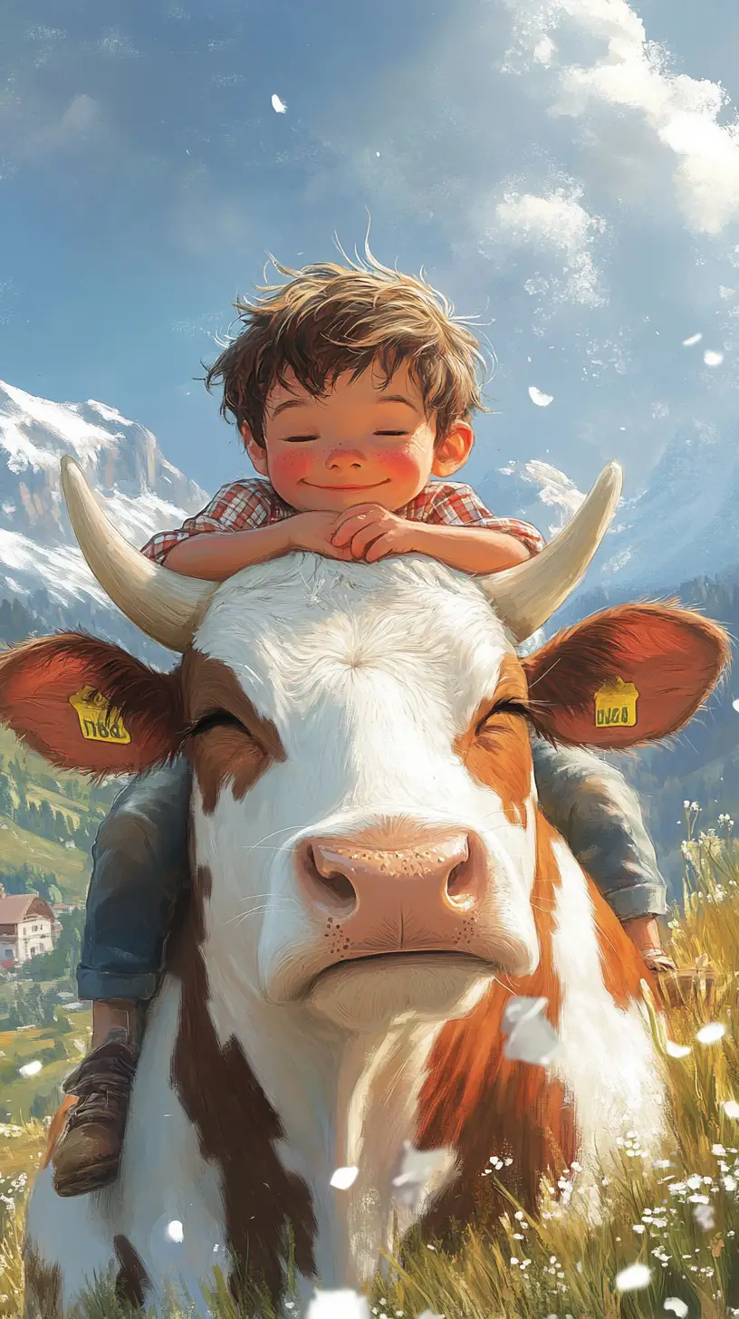 Happy boy resting on cow in dreamy alpine meadow
