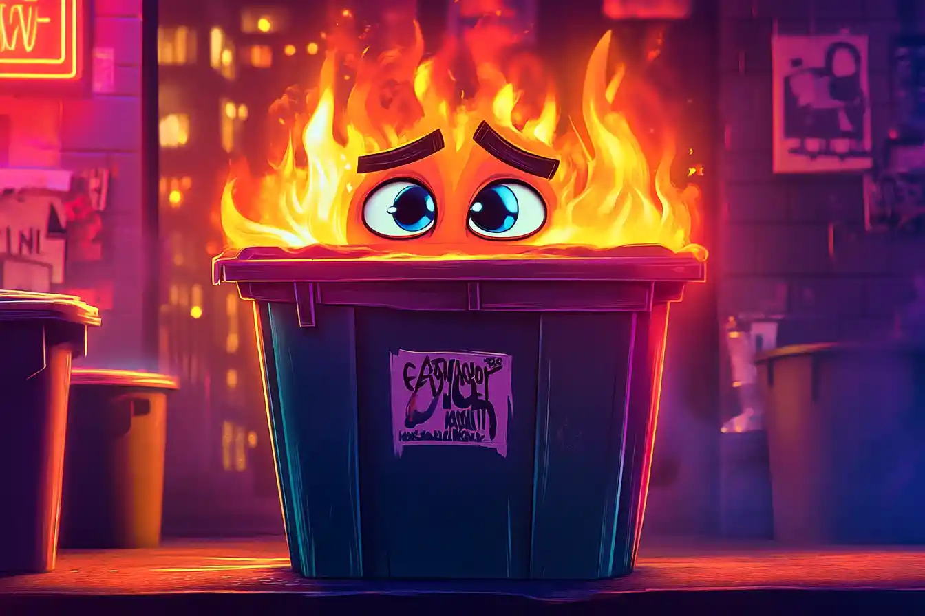 Cute flaming dumpster character in neon city night scene