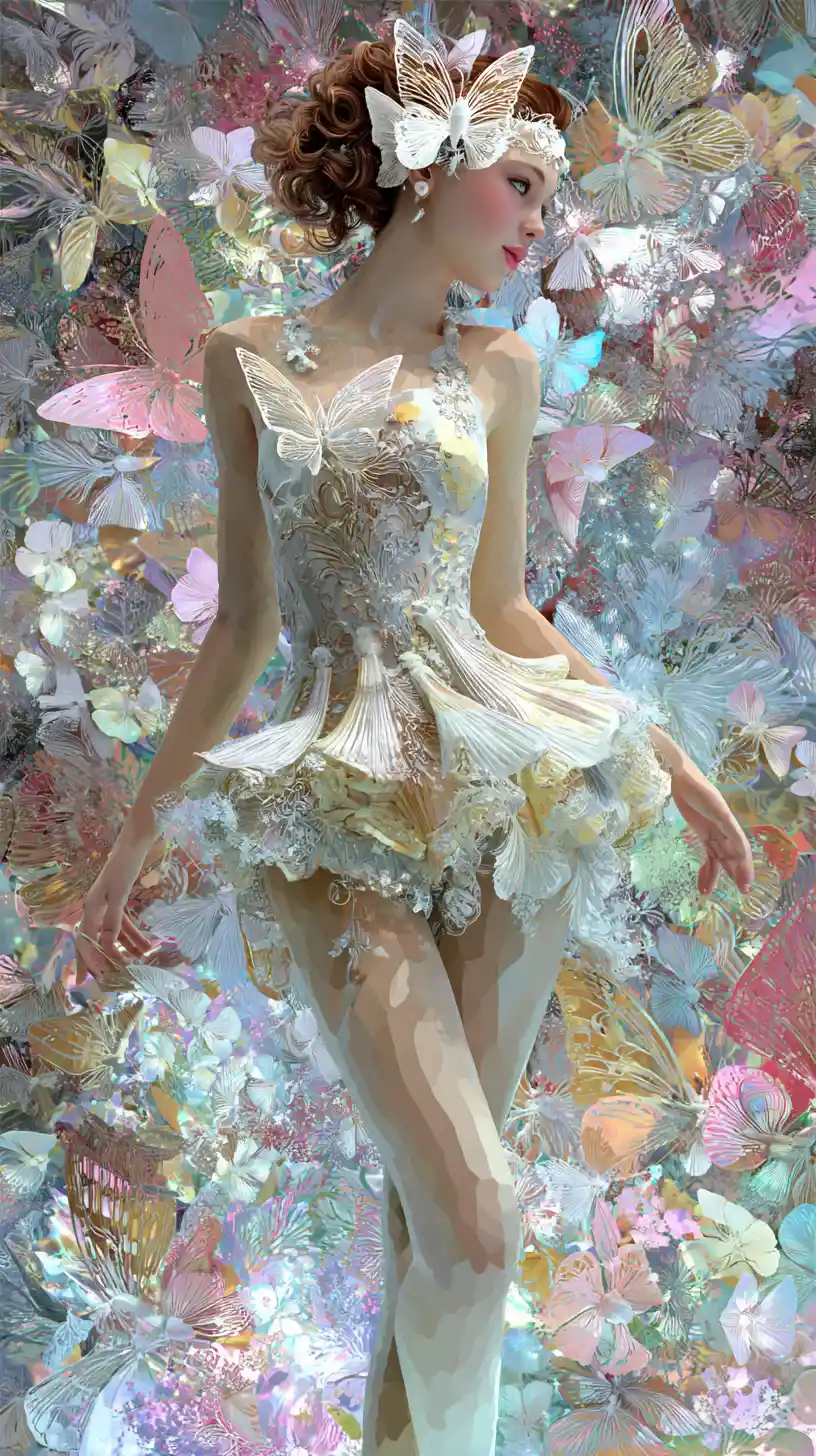 Glamorous woman in butterfly winter bodysuit digital art