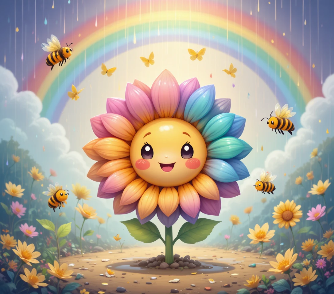 Dolce girasole arcobaleno in un cielo pastello piovoso