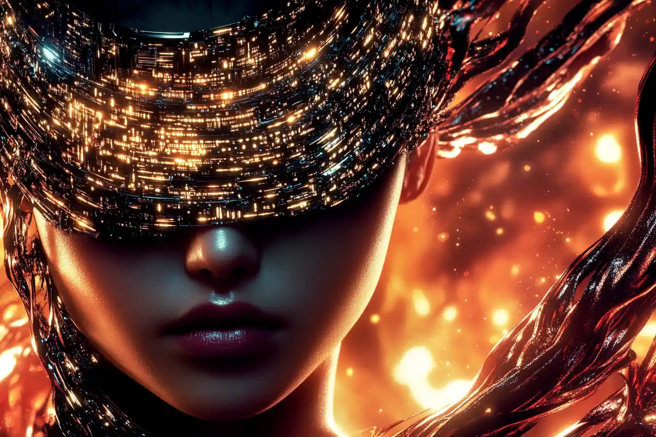 Cyberpunk woman with circuit blindfold in close up profile