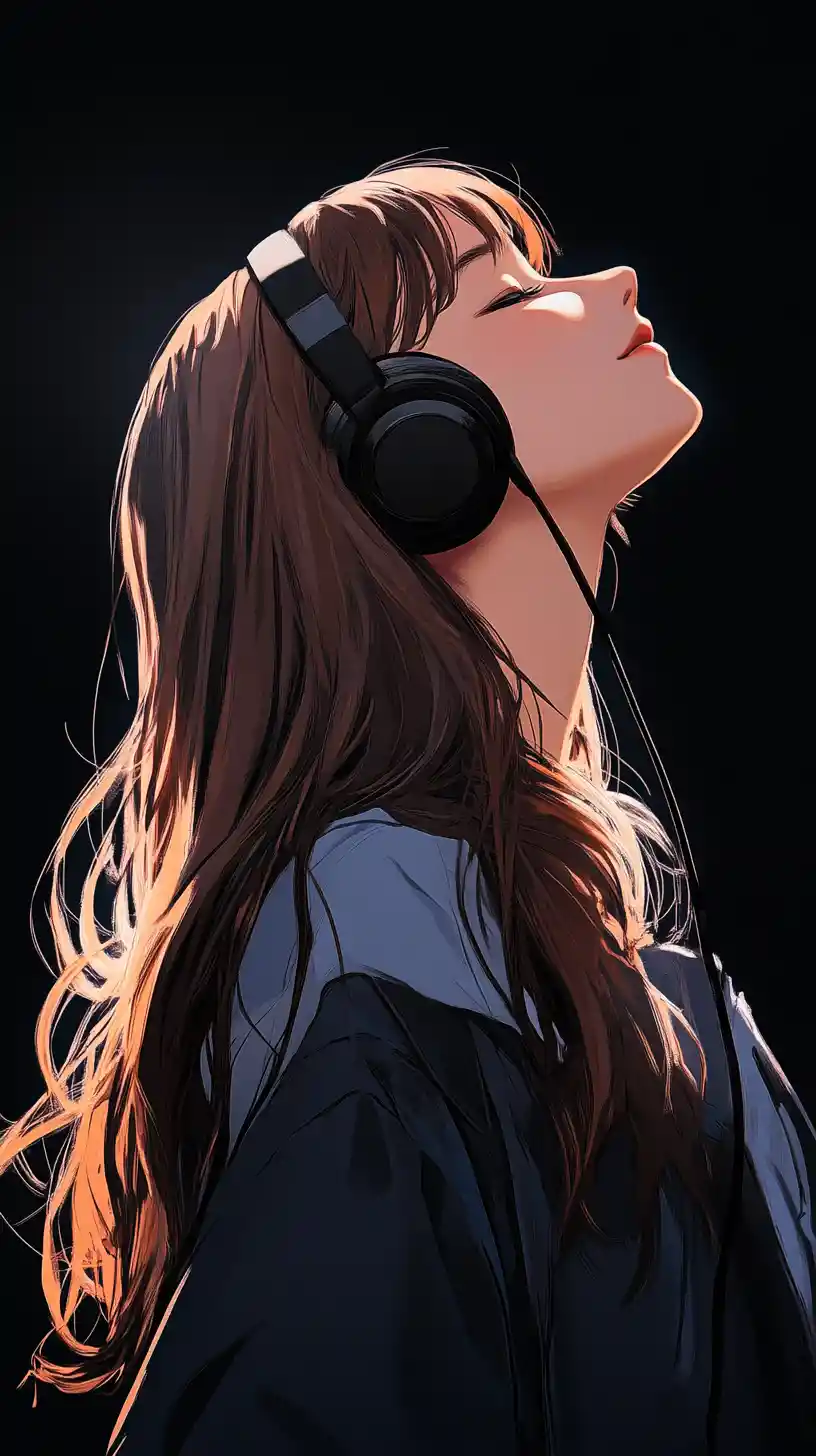Anime girl listening to music in dramatic backlight