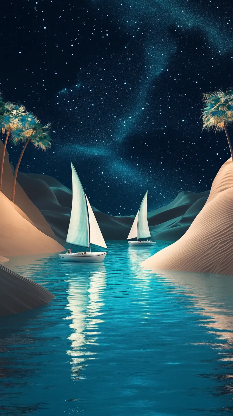 Serene Desert Oasis Waterway Under Star Filled Night Sky