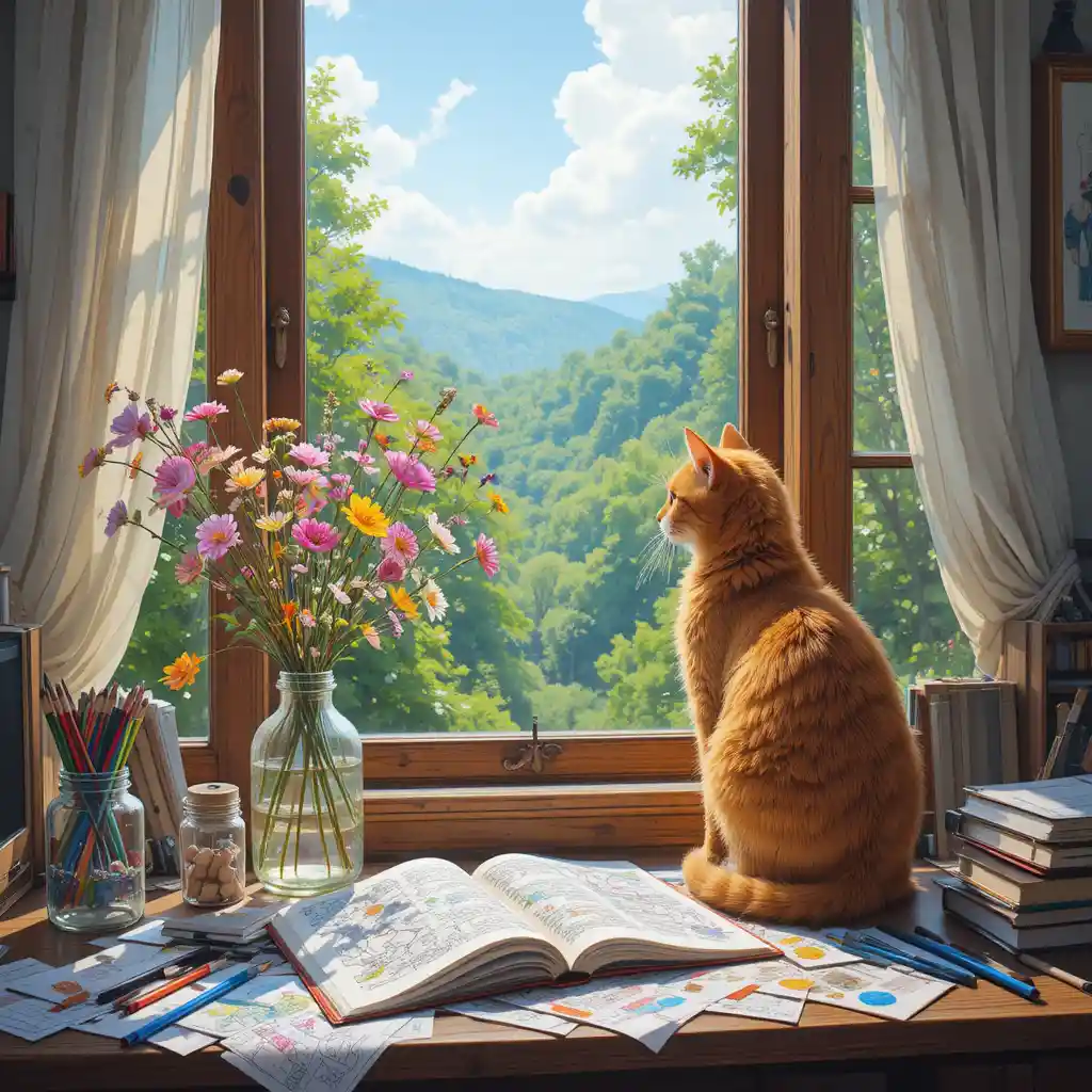 Orangefarbene Katze auf gemütlichem Schreibtisch vor sonnenbeschienenem Fenster