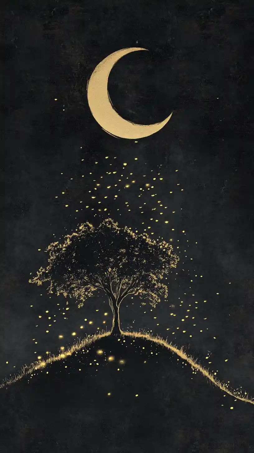 Lone Tree On A Hill Beneath A Crescent Moon Night Sky