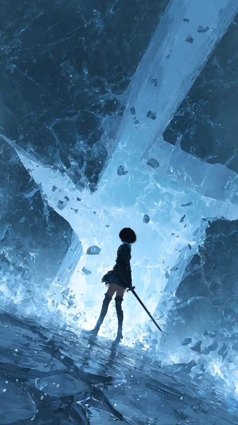Anime warrior woman frozen inside glowing ice cavern