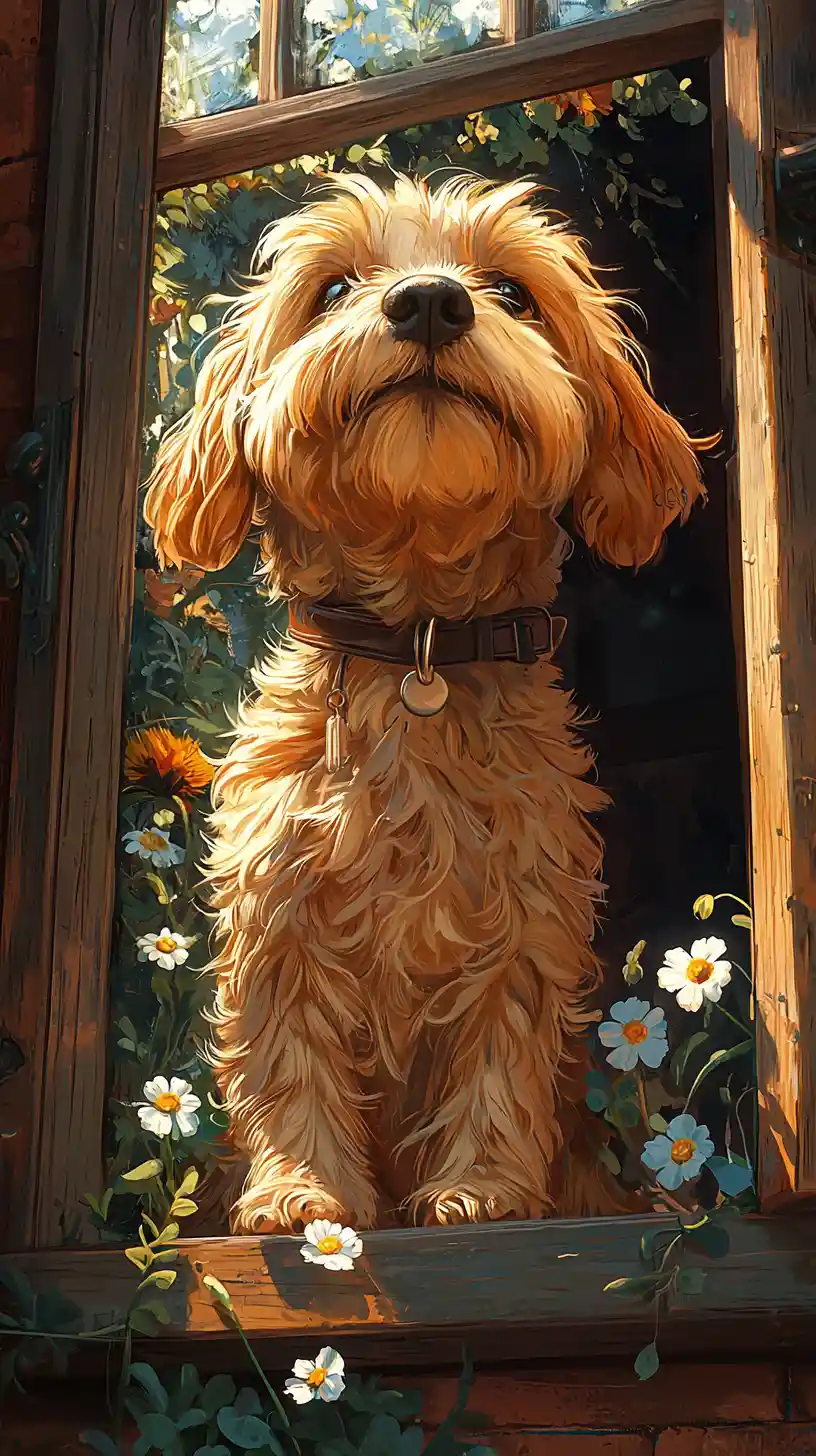 Shaggy dog portrait with flowers in cozy cottage