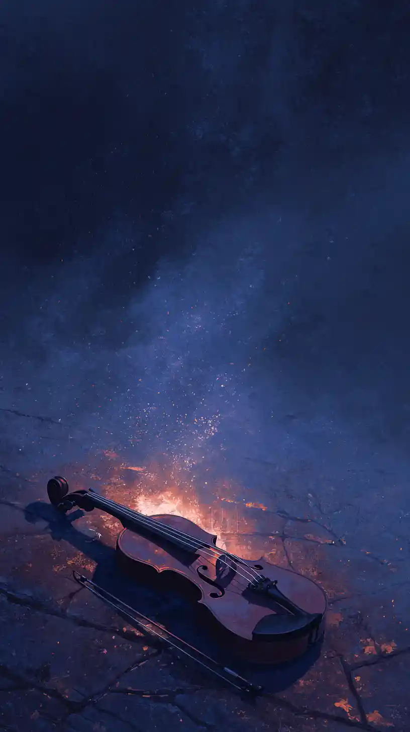 Lonely violin on cracked obsidian in cosmic void