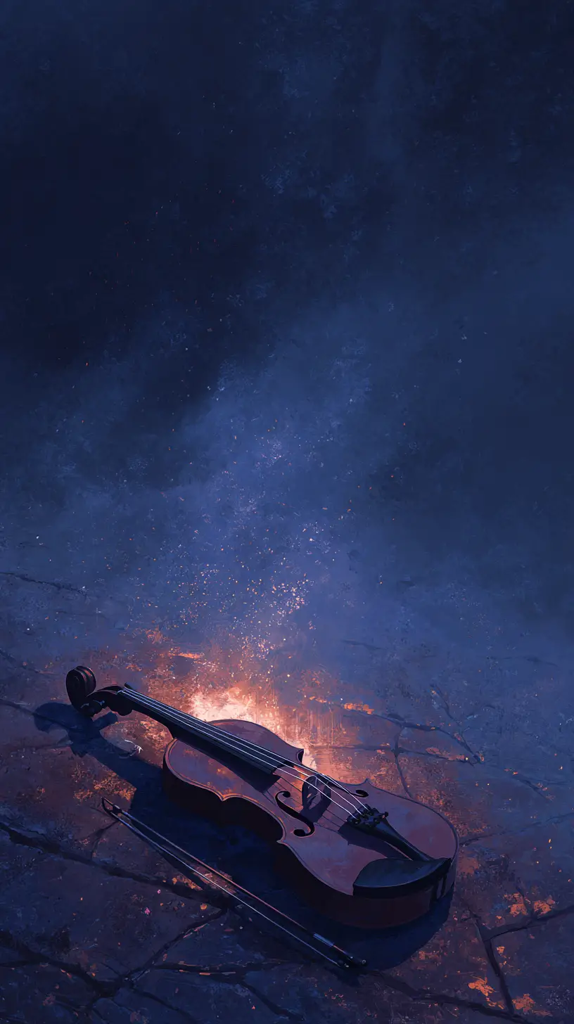 Lonely violin on cracked obsidian in cosmic void