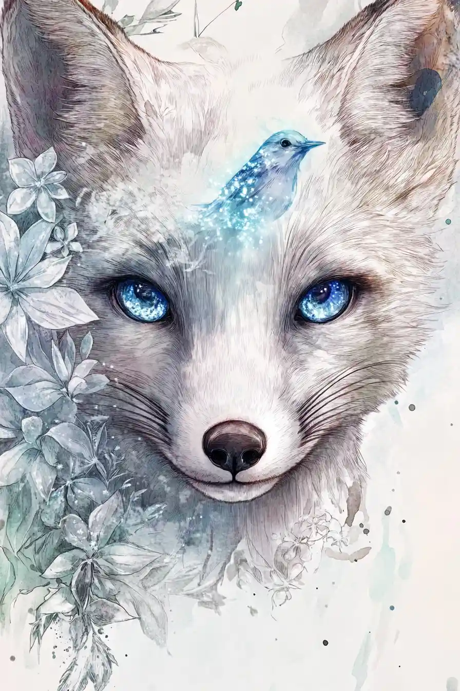 Elegant arctic fox portrait with icy blue eyes and flowers