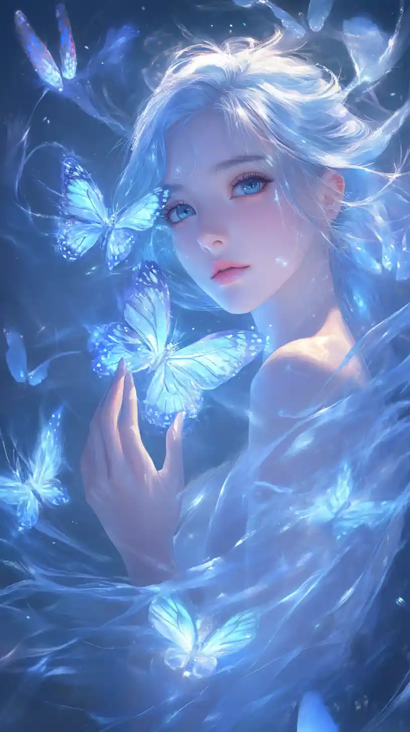 Ethereal blue haired woman with glowing butterflies
