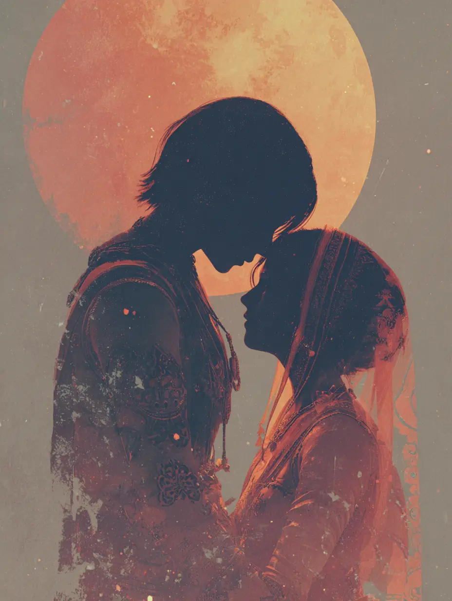 Stylized romantic couple under a glowing golden moon