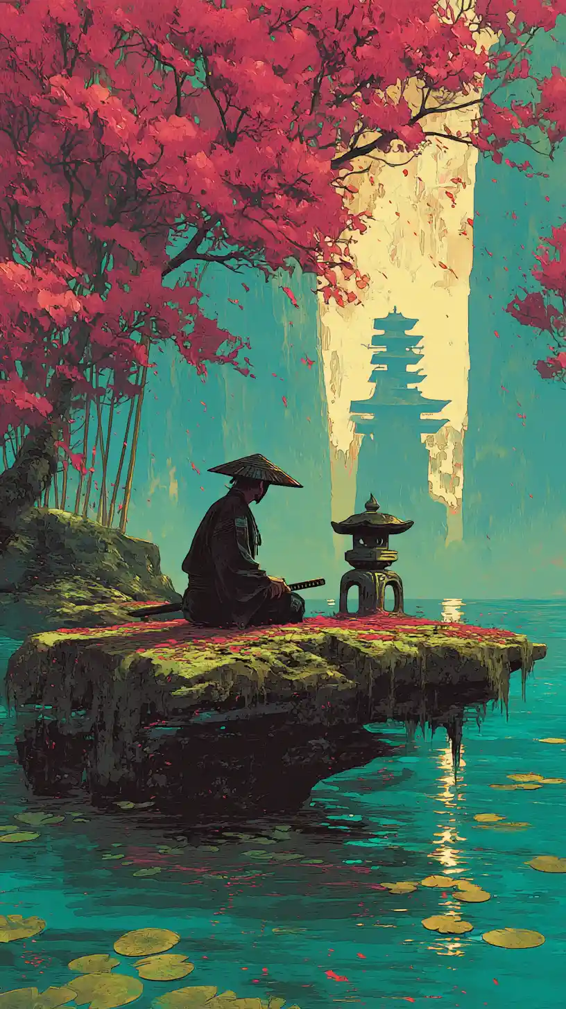 Samouraï solitaire en seiza sur une île rocheuse couverte de mousse
