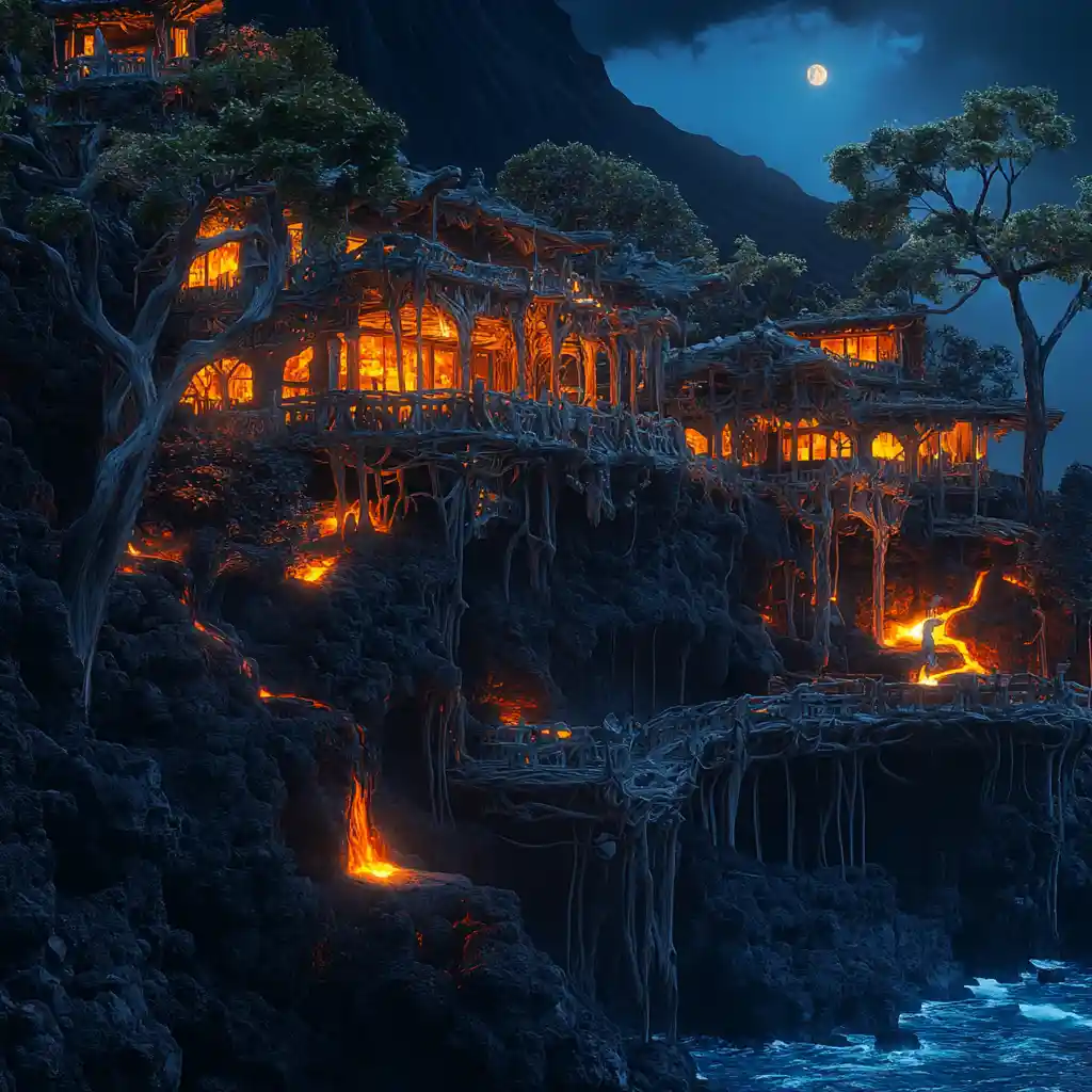 Moonlit Bone Houses Beside An Active Volcano