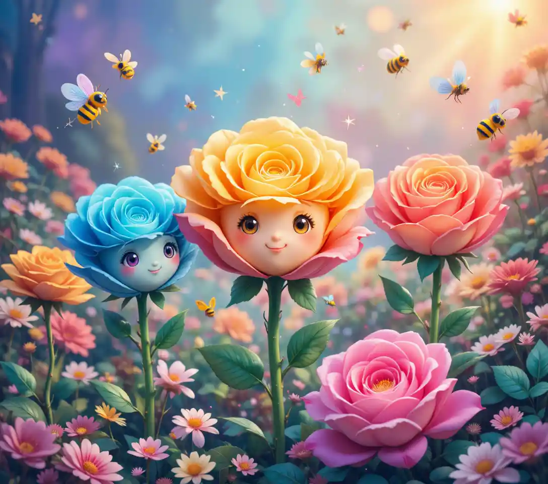 Süße Regenbogenrosen in einem magischen Cartoon‑Fantastikgarten