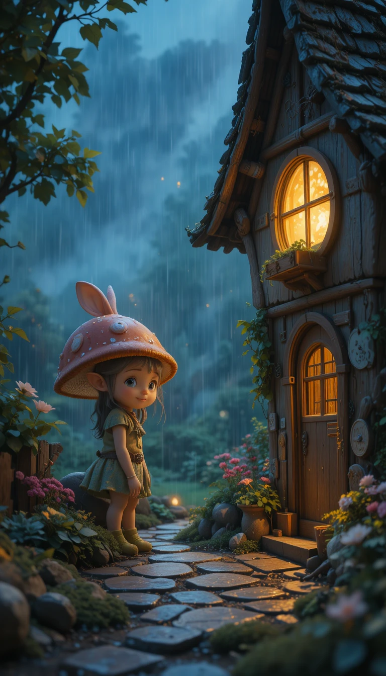 雨の日にコテージの中でくつろぐうさぎ
