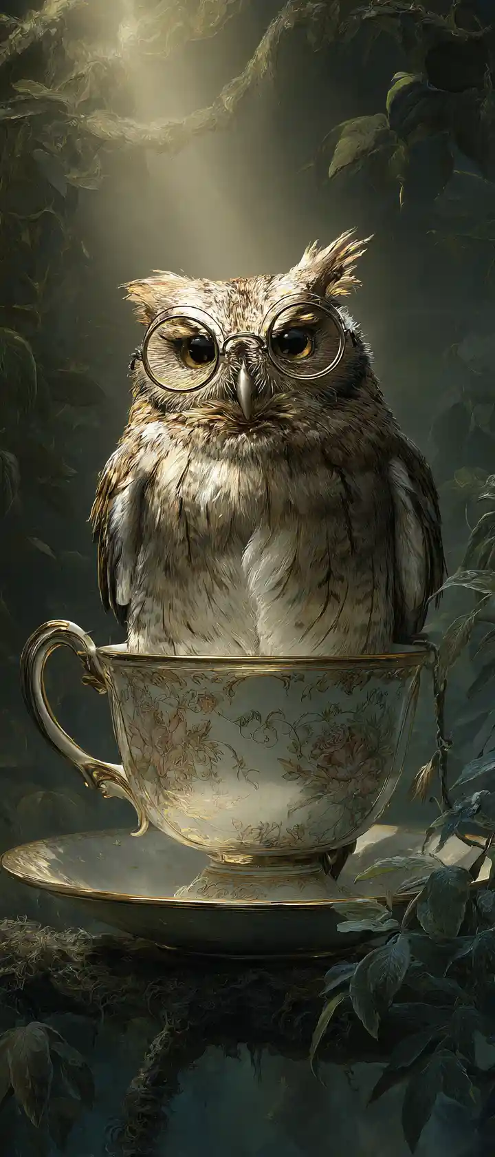 Stern Elderly Owl In A Teacup In Enchanted Forest