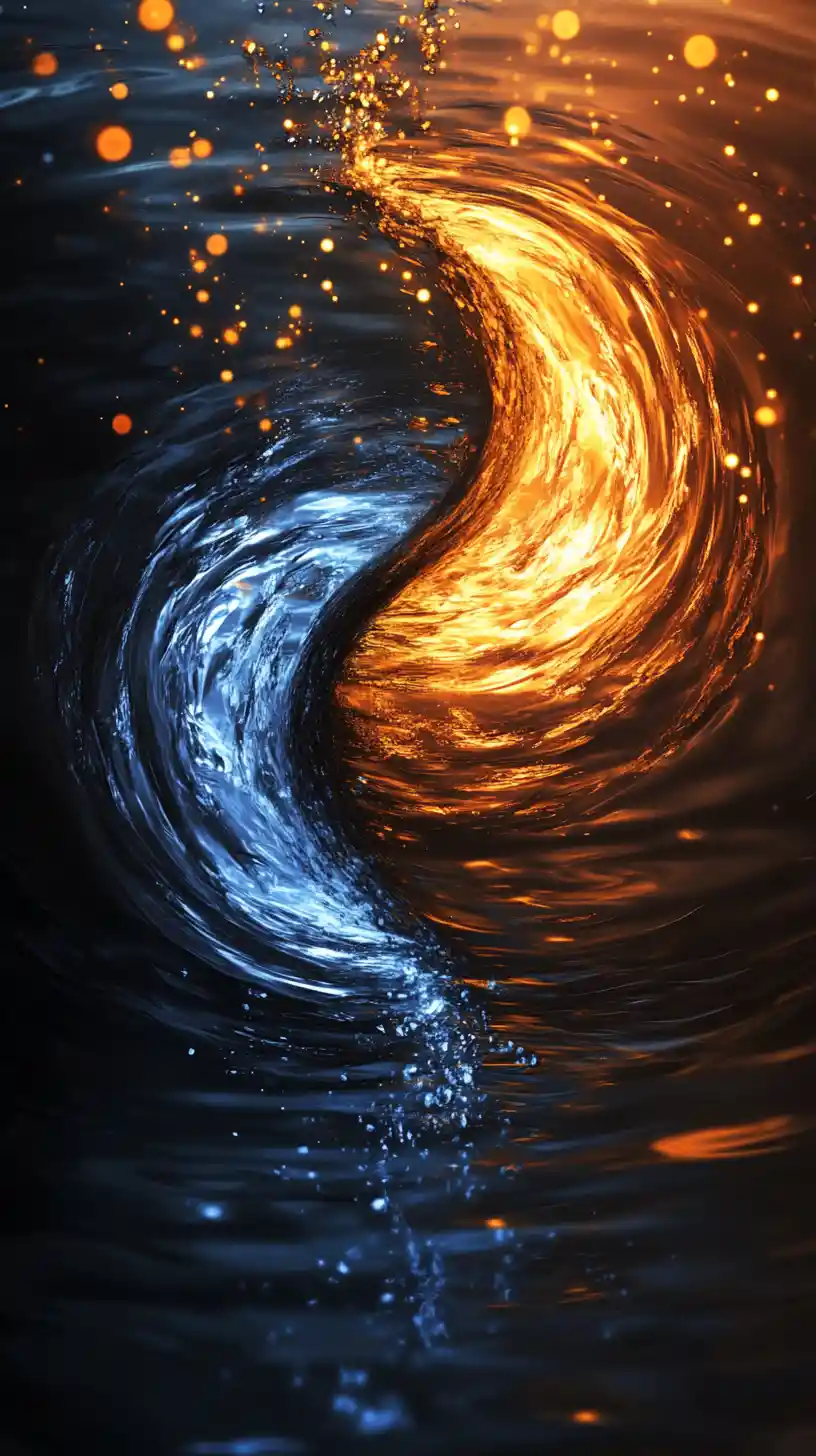 Simbolo yin yang con energia turbolenta e serena in flusso