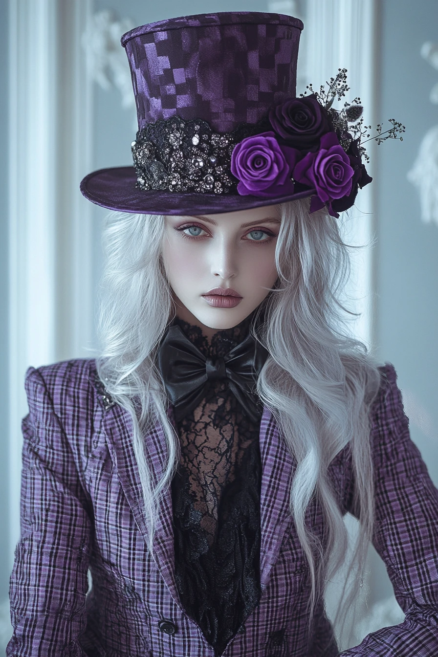 Retrato de moda surreal de una mujer con atuendo victoriano púrpura