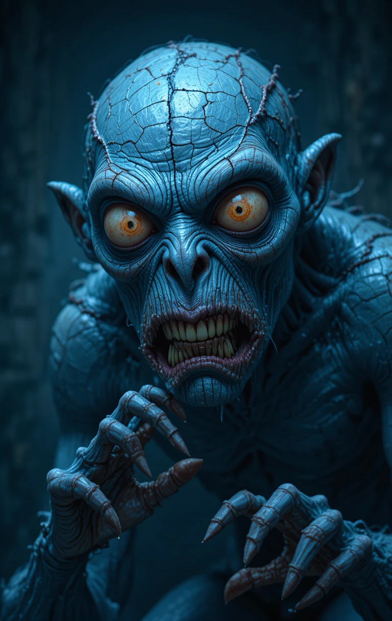 Gros plan sur le visage d’un monstre CGI à la peau bleue