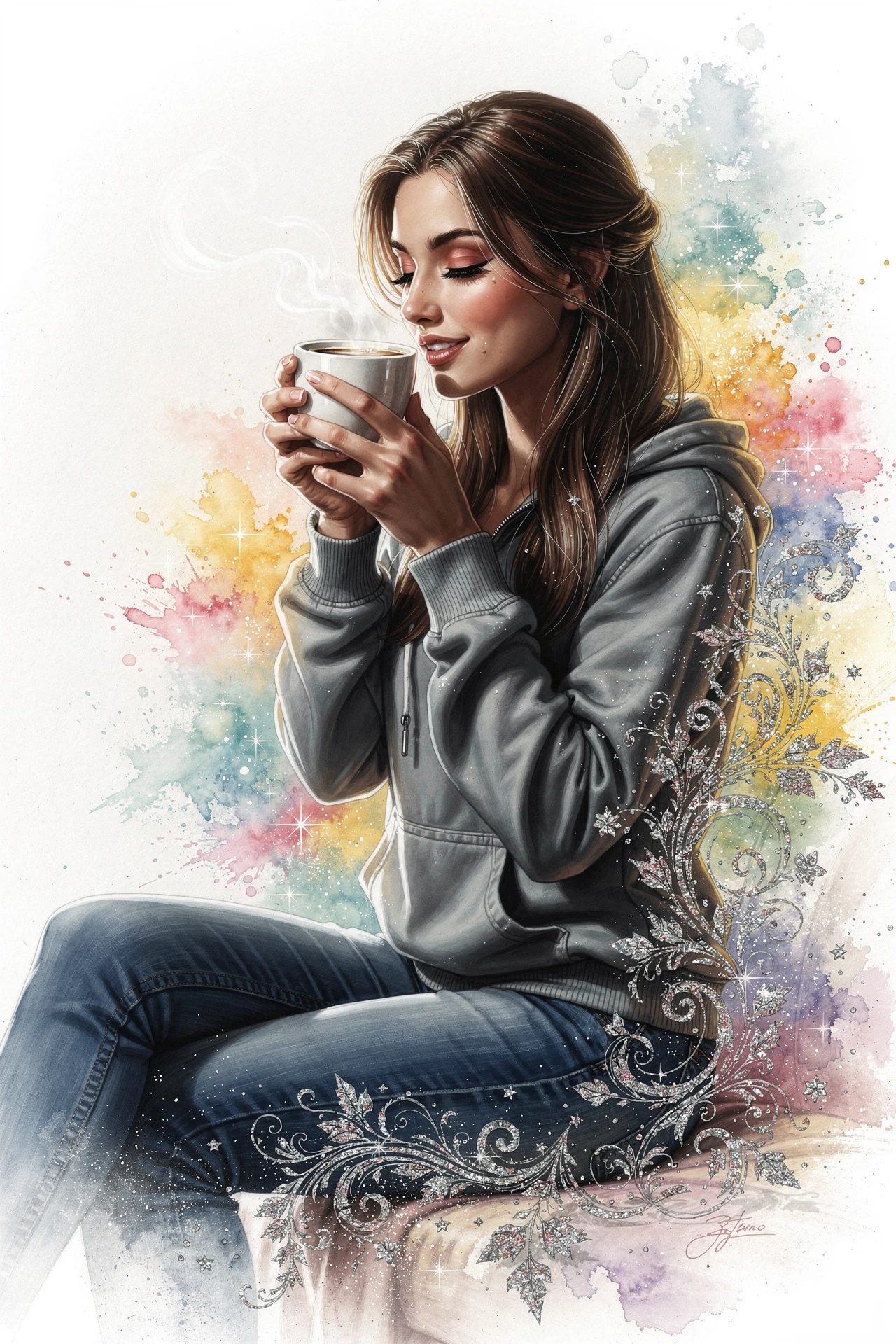 Linda mulher de moletom relaxando e tomando café