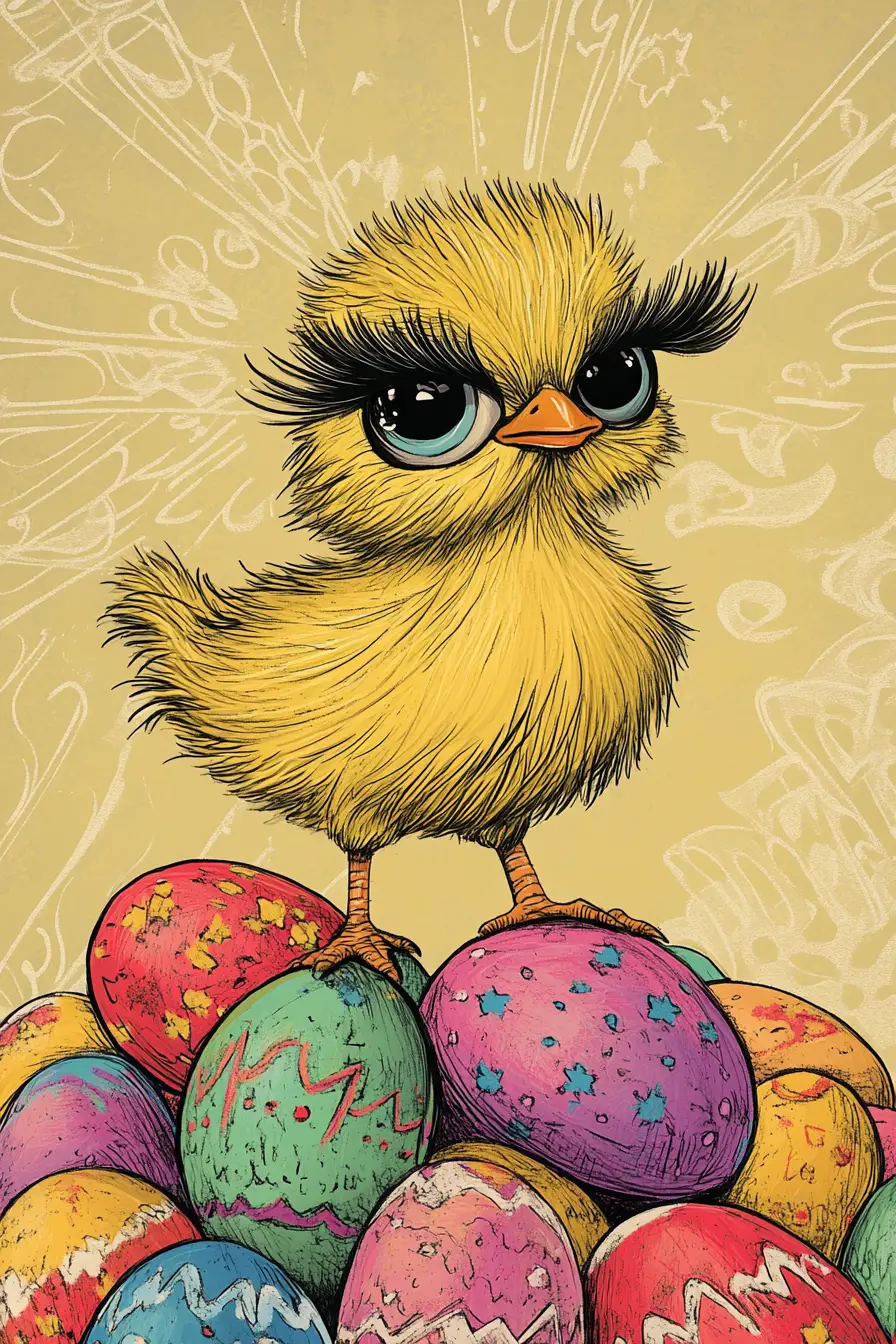 Tiny chick diva posing on colorful Easter eggs