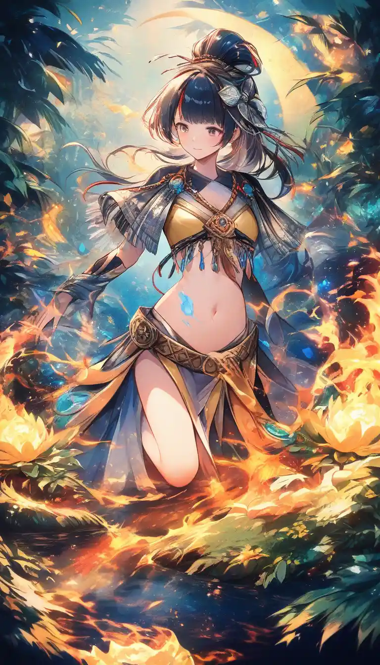 Fille d’anime se reposant dans un jardin de jungle avec une aura lumineuse